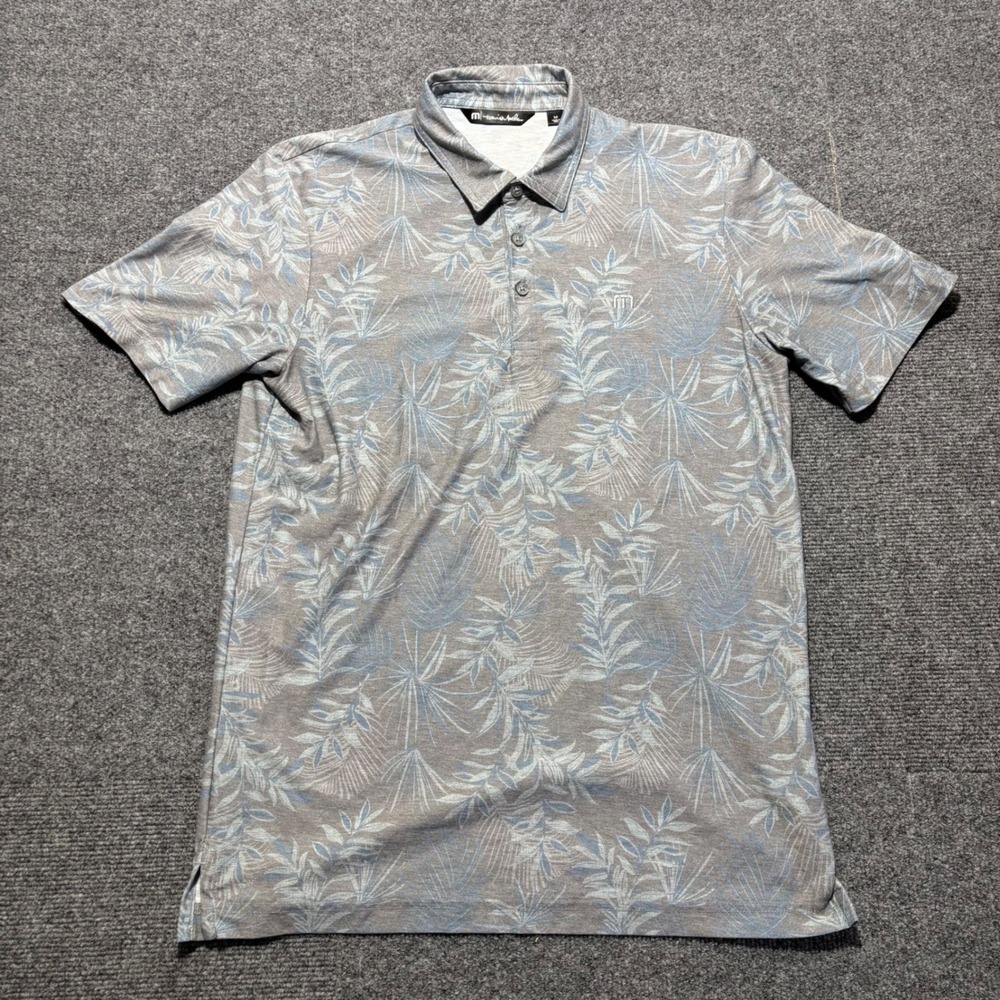 TravisMathew Mens Grey Blue Tropical Palm Leaf Polo Shirt Keowee Key Size M